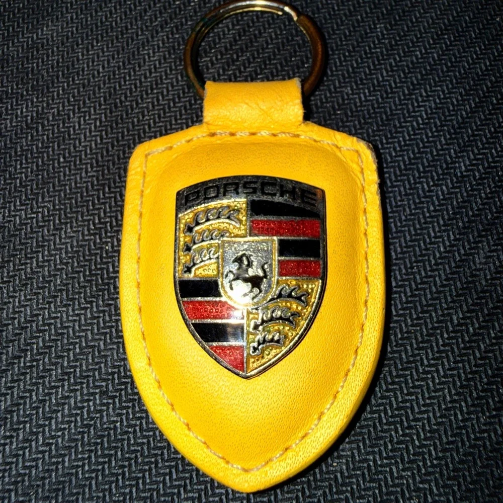 Porsche Keychain Yellow Fair Leather Enamel Crest Shield Key Fob